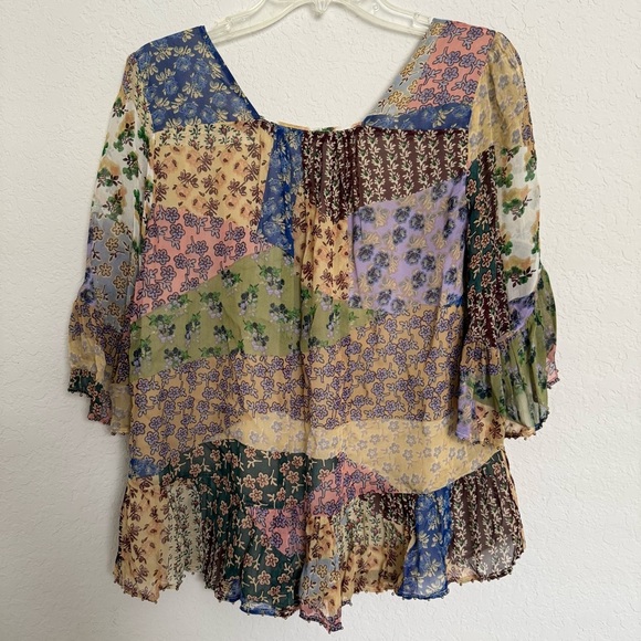 Anthropologie Floreat Patchwork Peasant Top Size Small Floral Beaded Hem Boho - Picture 3 of 9